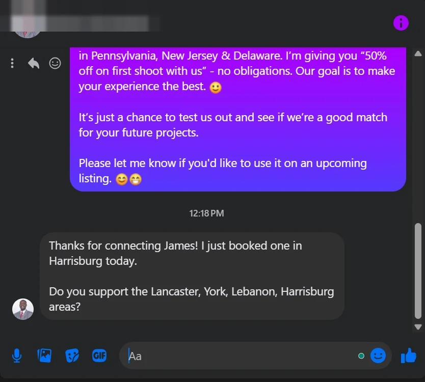 A reply to an outreach message, names removed