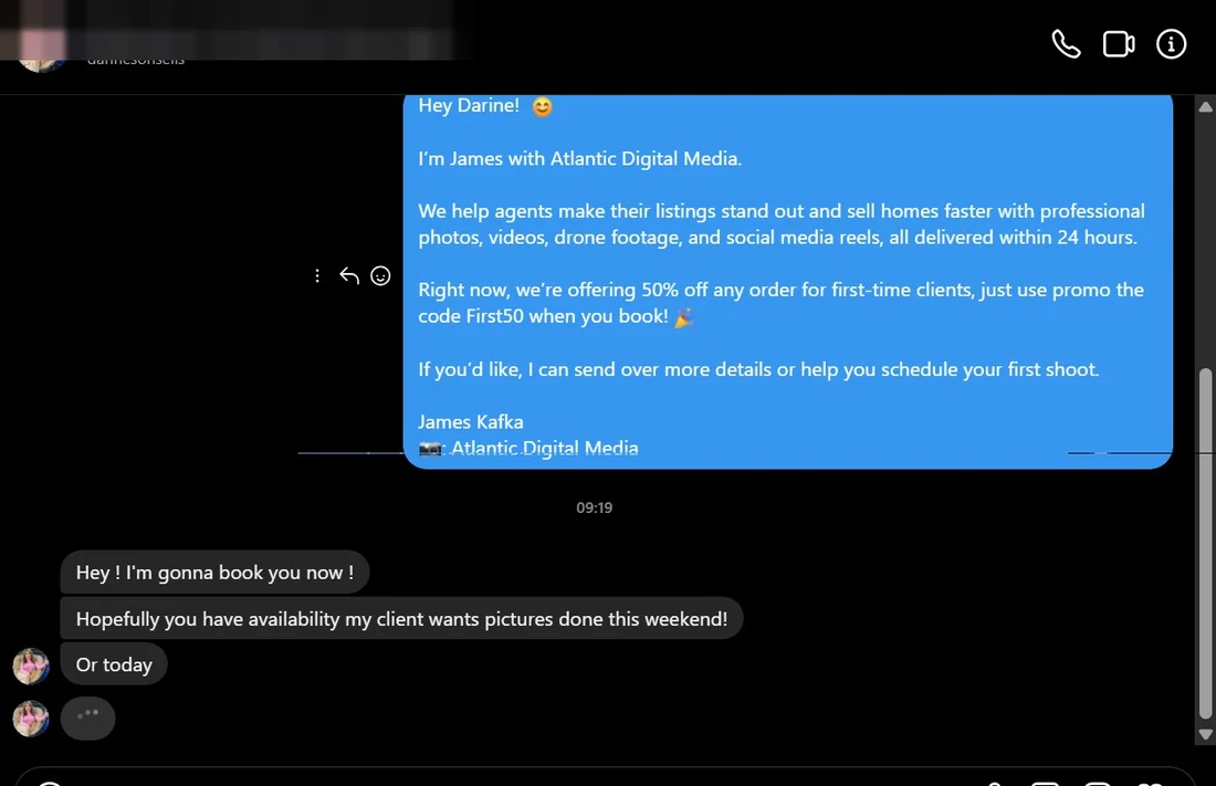 A reply to an outreach message, names removed