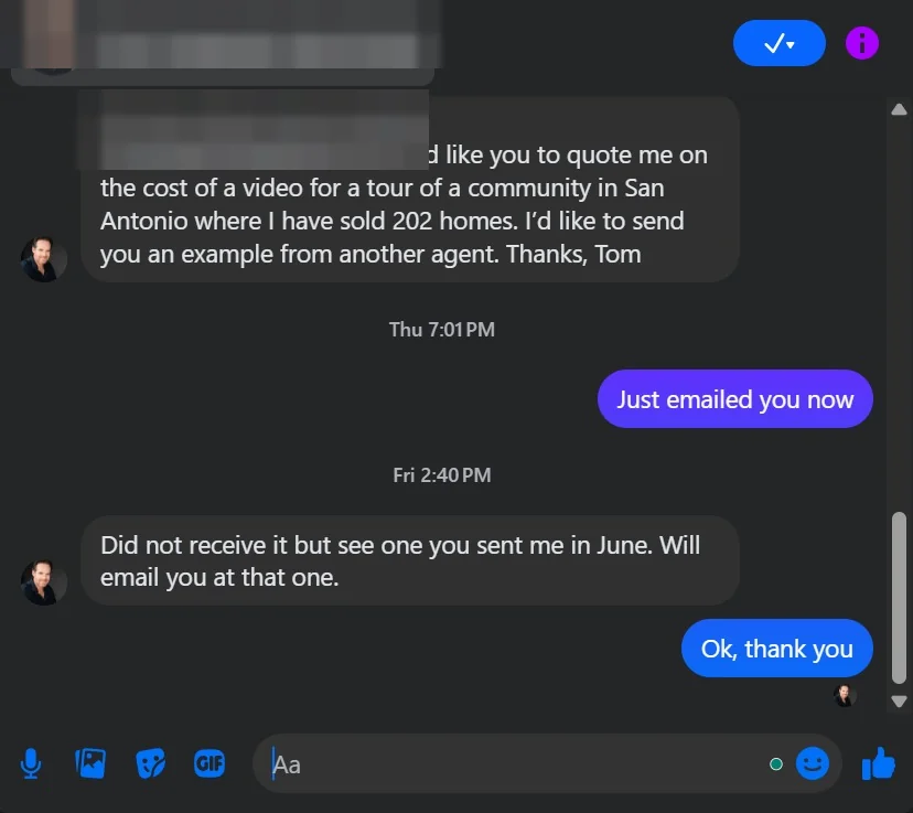 A reply to an outreach message, names removed