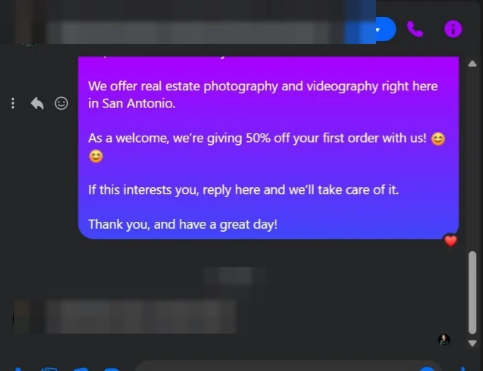 A reply to an outreach message, names removed