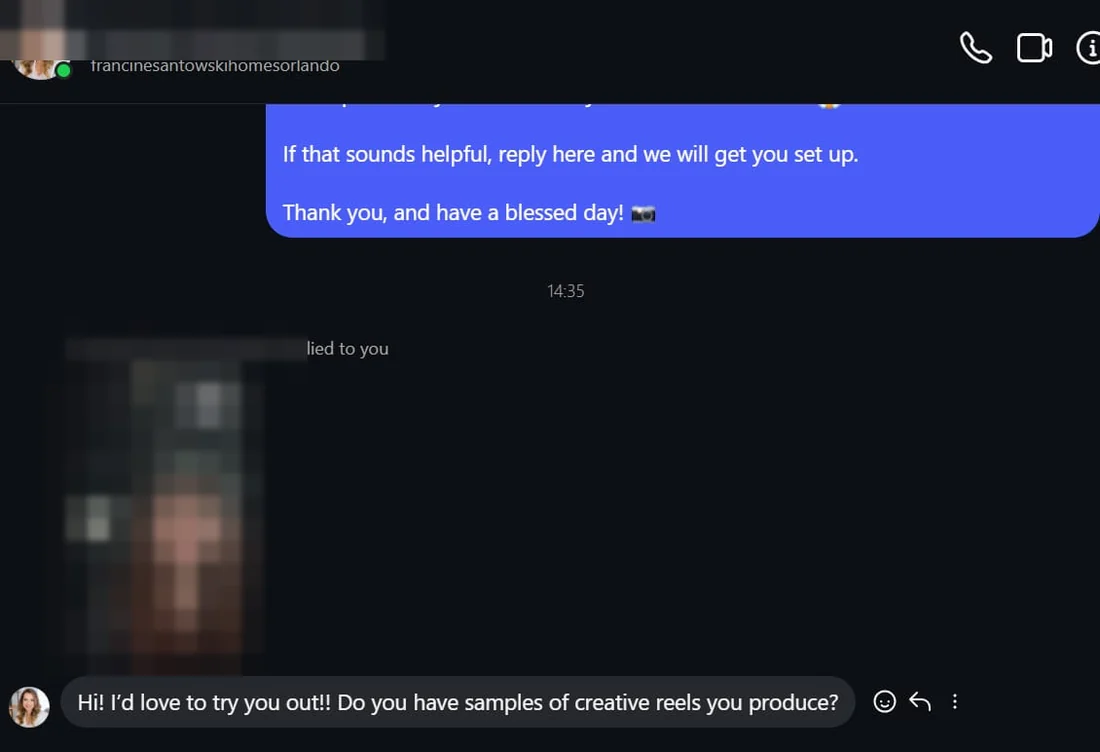A reply to an outreach message, names removed