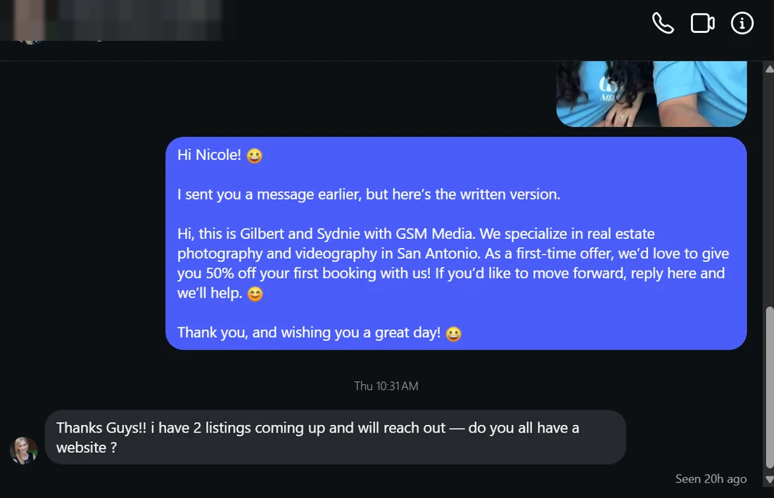 A reply to an outreach message, names removed